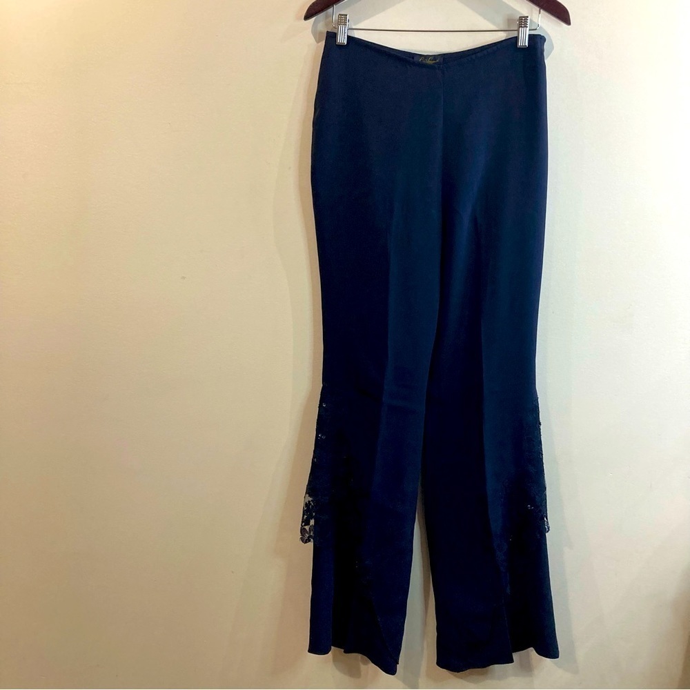 LUISA SPAGNOLI Sz 44 100% Silk Pants with Lace Overlay Straight Leg Trousers
